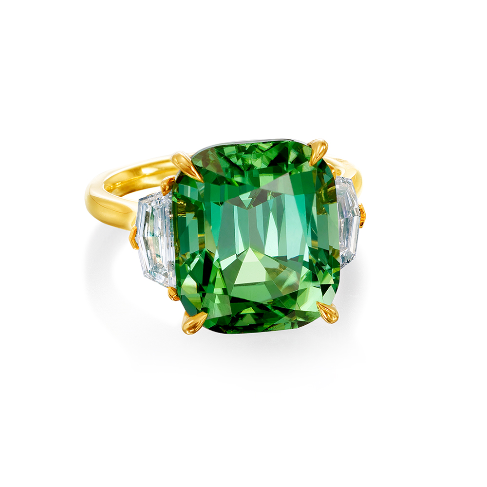 Yellow Gold Mint Tourmaline and Diamond Three-Stone Ring